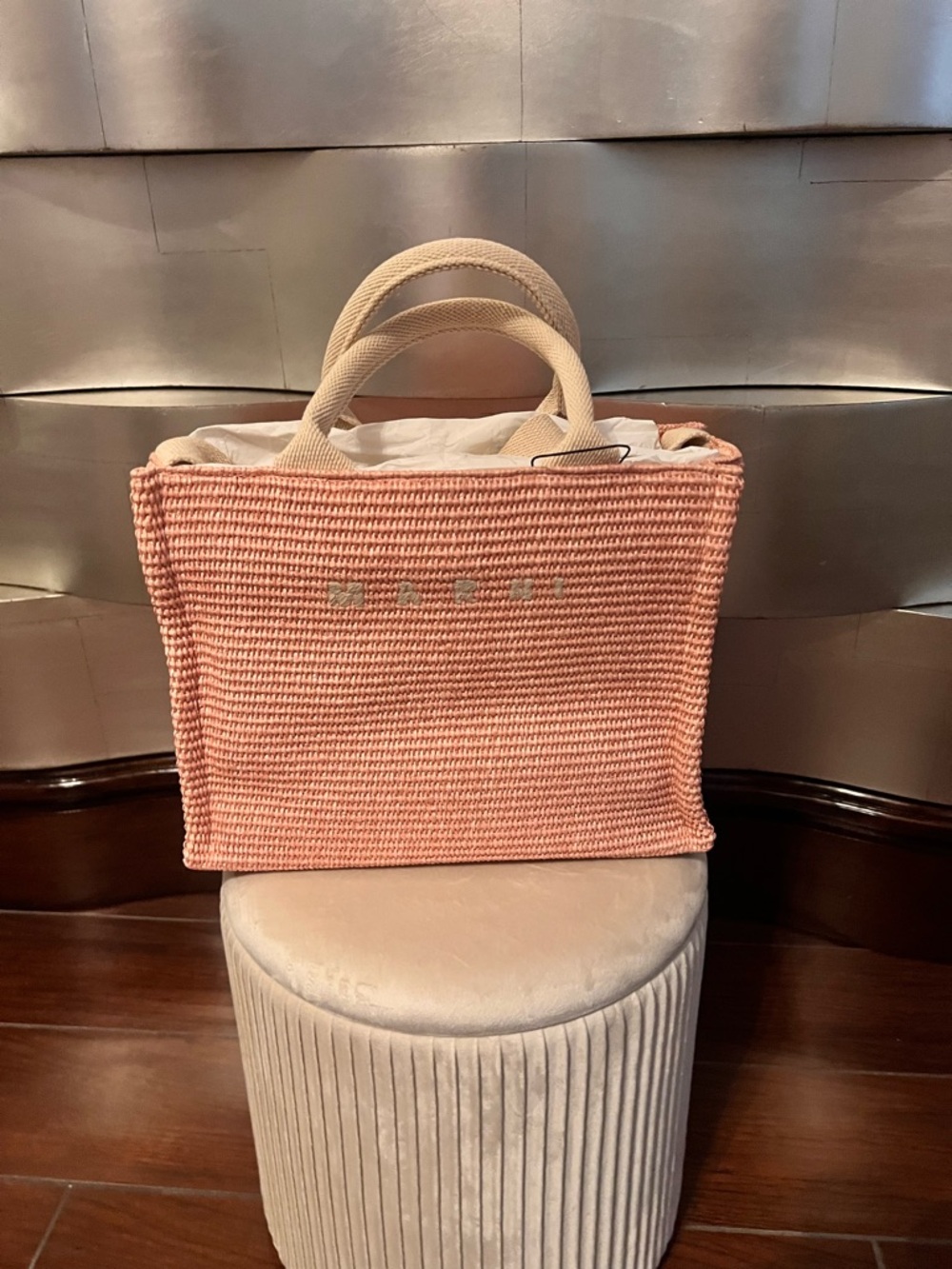 Marni Coral Pink Woven Tote with Cream Handles